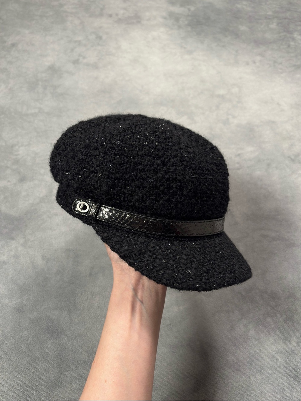 Vintage Coach 2000s Black Wool Tweed Python Leather Trim Y2K Baker Boy Cap